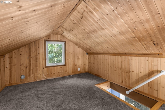 bonus room with lofted ceiling, carpet floors, wooden walls, and wooden ceiling