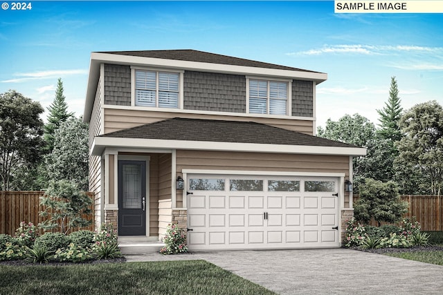 view of front of home featuring a garage, driveway, stone siding, and fence