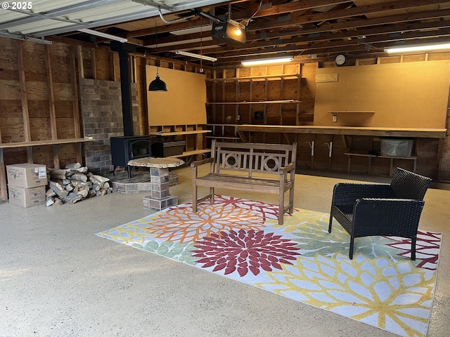 interior space featuring a wood stove