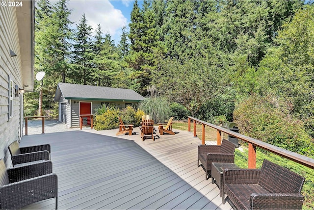 wooden terrace with an outdoor structure