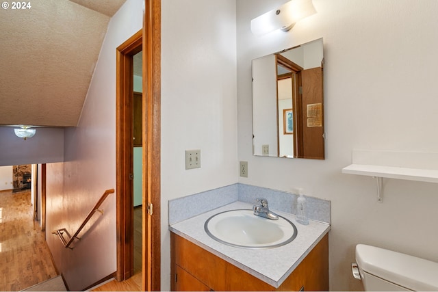 bathroom featuring vanity, vaulted ceiling, and toilet