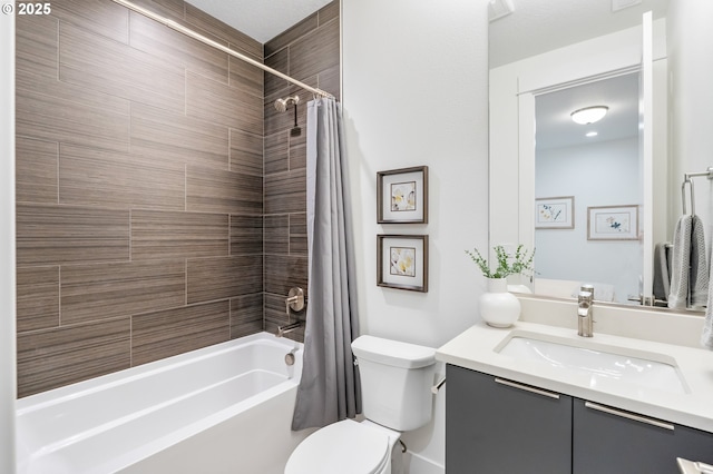 full bathroom with vanity, toilet, and shower / bathtub combination with curtain