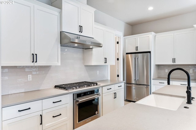 kitchen with backsplash, white cabinetry, sink, and stainless steel appliances