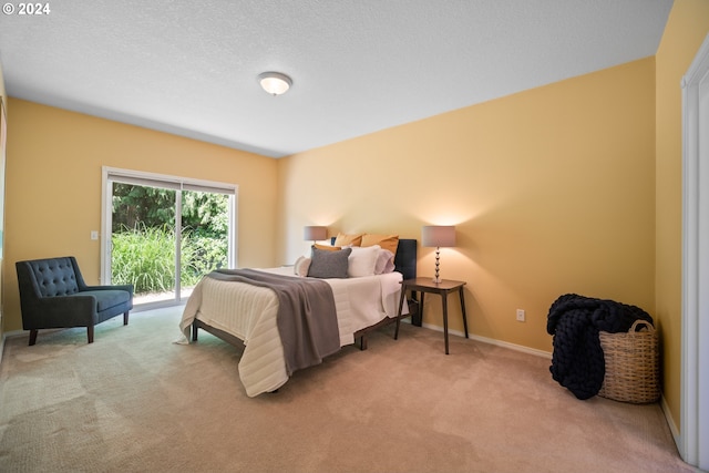 carpeted bedroom with access to exterior and a textured ceiling