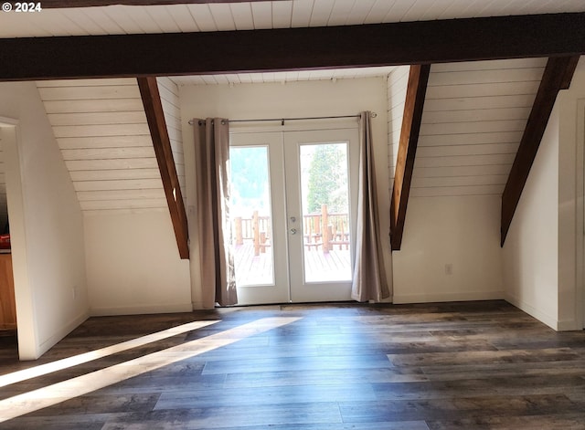 bonus room featuring french doors, wood ceiling, and dark wood-type flooring