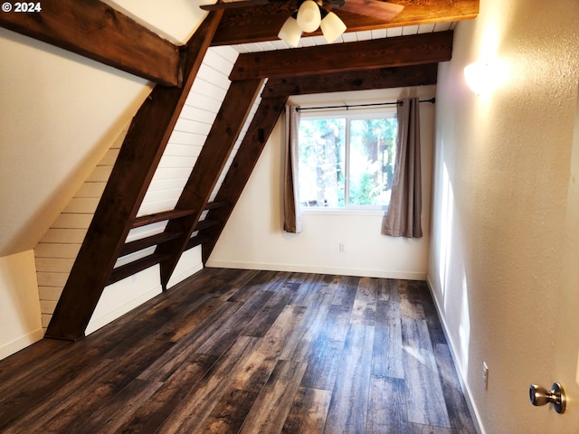 bonus room featuring beam ceiling, dark wood-type flooring, and ceiling fan