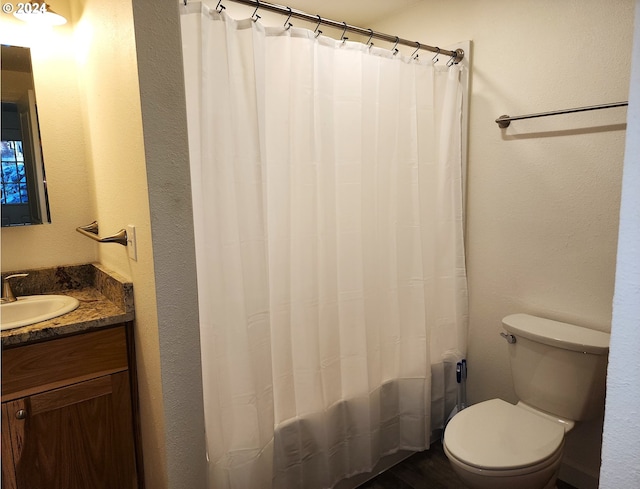 bathroom featuring toilet, a shower with curtain, and vanity