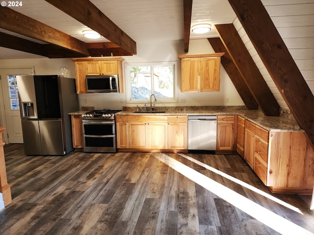 kitchen featuring dark hardwood / wood-style floors, beamed ceiling, sink, light stone countertops, and appliances with stainless steel finishes