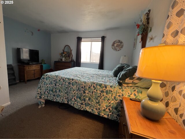 bedroom with dark carpet