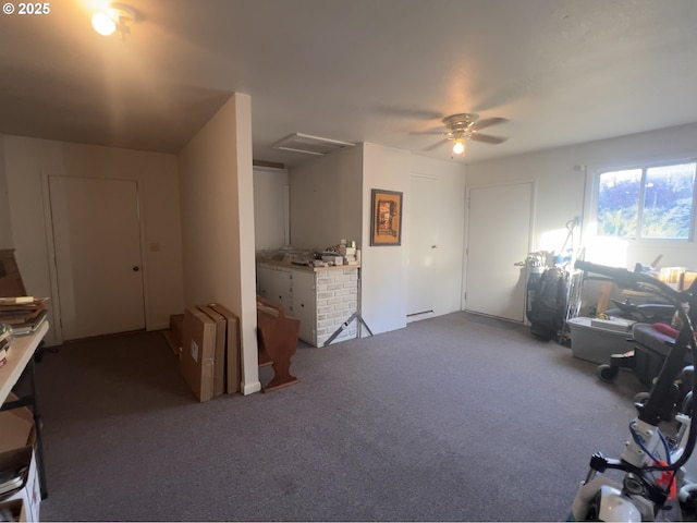 miscellaneous room featuring ceiling fan and carpet flooring