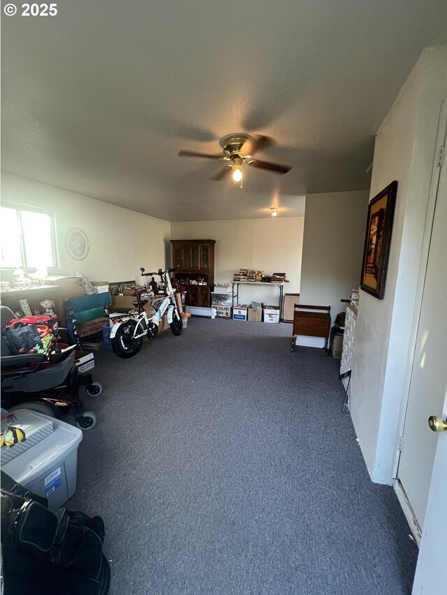 misc room with ceiling fan and carpet floors