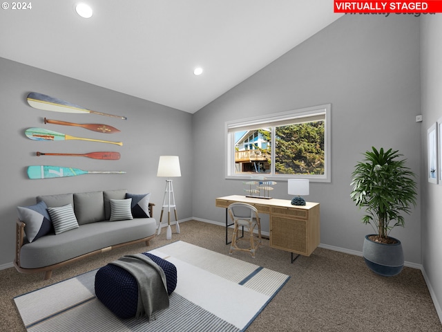 carpeted living area with a wealth of natural light, high vaulted ceiling, baseboards, and recessed lighting