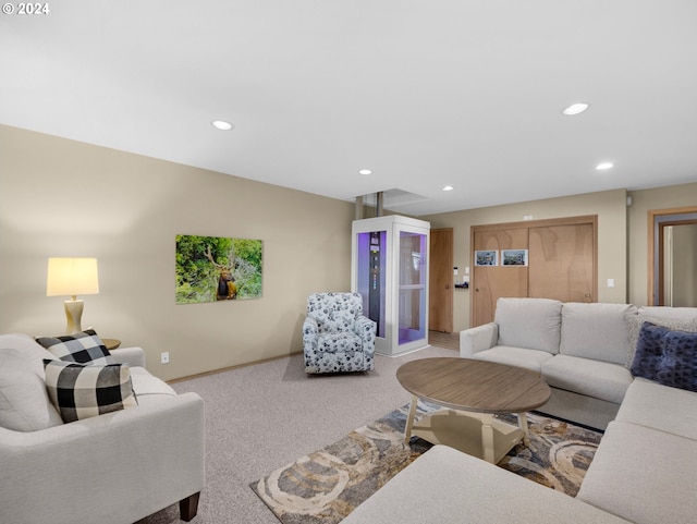 living room featuring light carpet