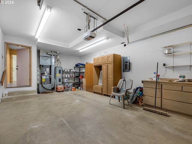 garage featuring water heater, a garage door opener, and heating unit