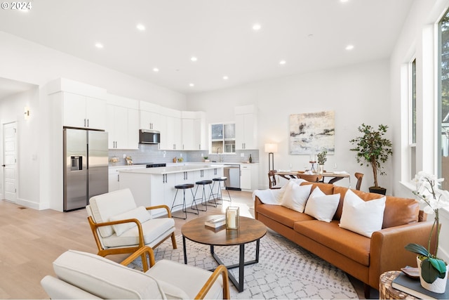 living room featuring sink and light hardwood / wood-style floors