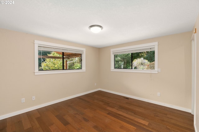 unfurnished room featuring dark hardwood / wood-style flooring, a textured ceiling, and a wealth of natural light