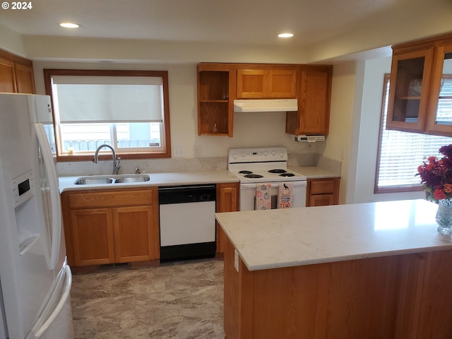 kitchen featuring sink, kitchen peninsula, and white appliances