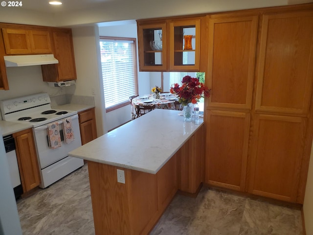 kitchen featuring white appliances and kitchen peninsula