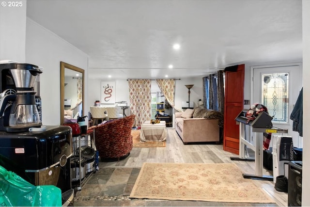 living room featuring ornamental molding and light hardwood / wood-style flooring