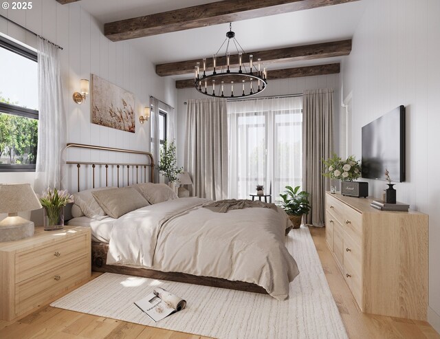 5000 NW 140th Ave, Portland, OR 97229 - bedroom featuring multiple windows, a notable chandelier, beamed ceiling, and light wood-type flooring