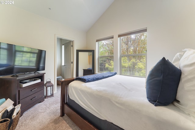 carpeted bedroom with high vaulted ceiling