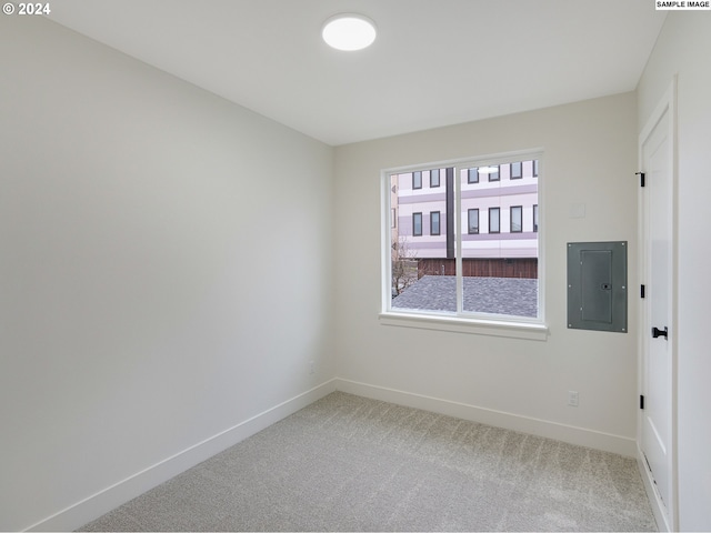 spare room featuring electric panel and carpet floors