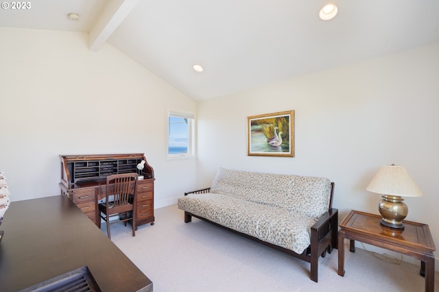 interior space with carpet and lofted ceiling with beams