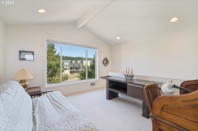 office area featuring vaulted ceiling with beams and light colored carpet