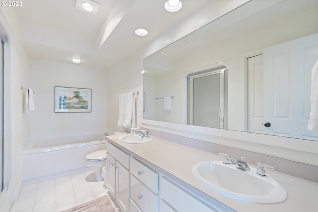 full bathroom featuring tile patterned floors, vanity, toilet, and independent shower and bath