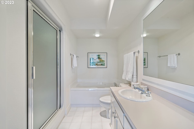 full bathroom with toilet, vanity, tile patterned floors, and independent shower and bath