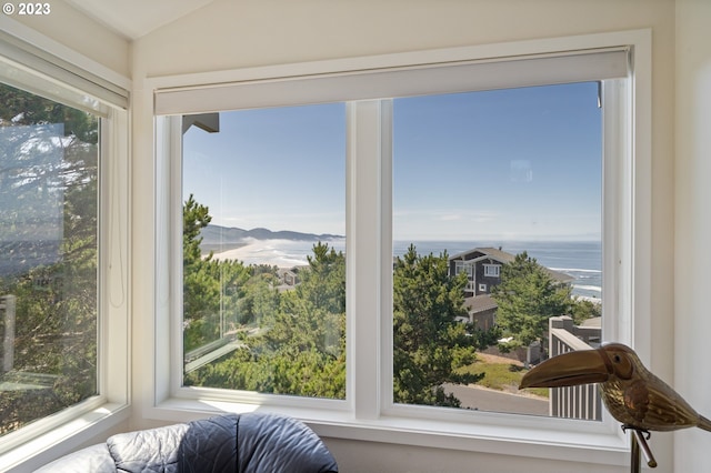 interior space with a water view