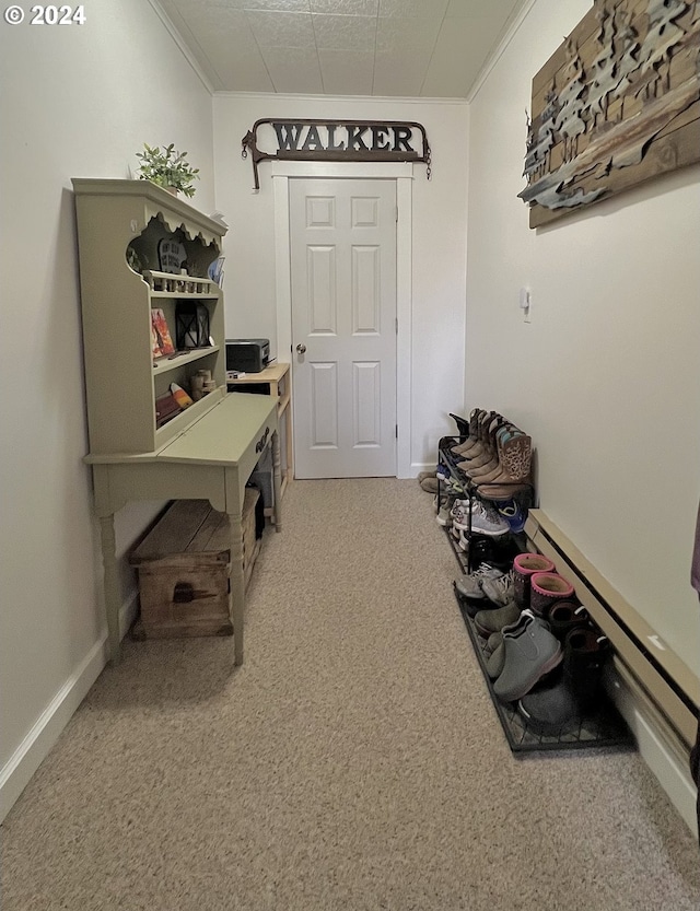 interior space with carpet flooring and crown molding