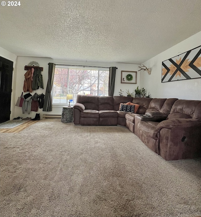 living room featuring a textured ceiling and carpet floors