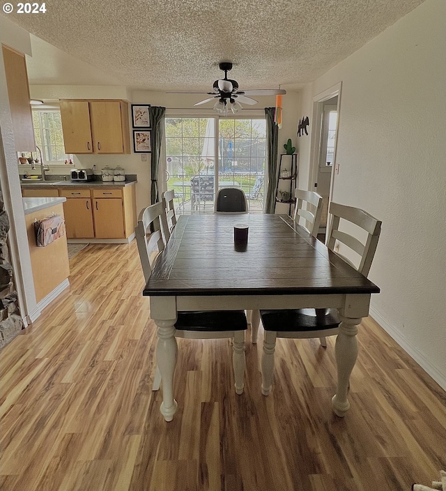 dining space with a textured ceiling, light wood-type flooring, ceiling fan, and sink