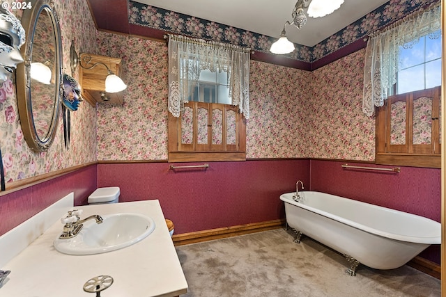 bathroom featuring vanity, toilet, and a bath