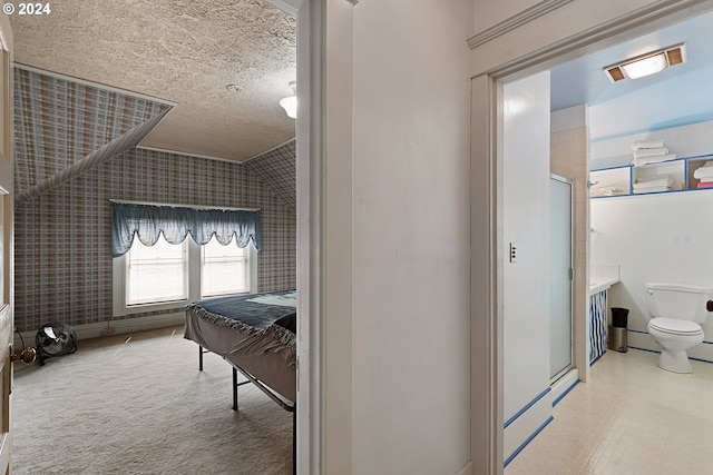 bathroom featuring a shower with door, toilet, and a textured ceiling