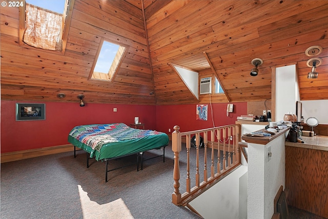 interior space featuring a skylight, wooden walls, wooden ceiling, carpet, and high vaulted ceiling