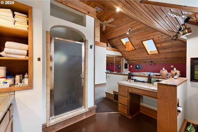 kitchen with tile countertops, ceiling fan, lofted ceiling with skylight, and wooden ceiling