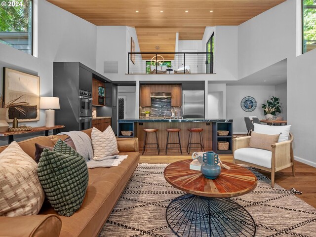 4731 SW 18th Dr, Portland, OR 97239 - living room with a high ceiling, light hardwood / wood-style flooring, and wood ceiling