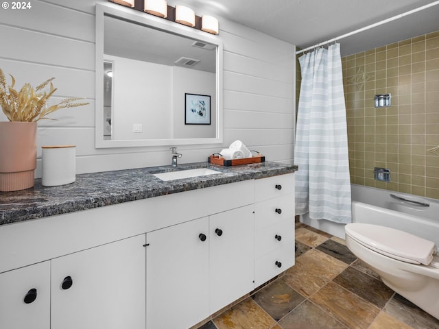 4731 SW 18th Dr, Portland, OR 97239 - full bathroom featuring toilet, vanity, wooden walls, shower / bath combo, and a textured ceiling