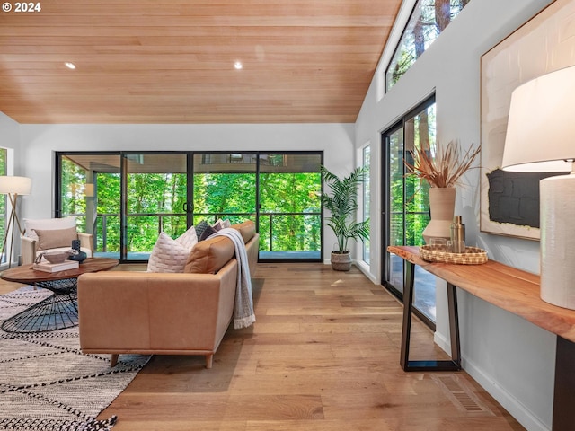 4731 SW 18th Dr, Portland, OR 97239 - living room with light hardwood / wood-style floors, wood ceiling, and high vaulted ceiling