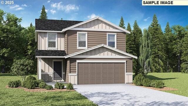 view of front of home featuring board and batten siding, a front yard, decorative driveway, and roof with shingles