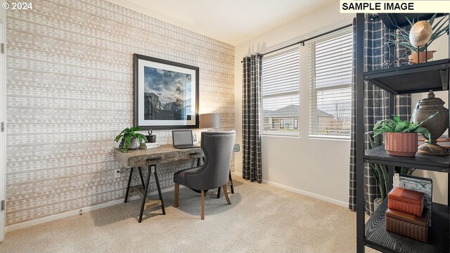 carpeted office with baseboards and wallpapered walls