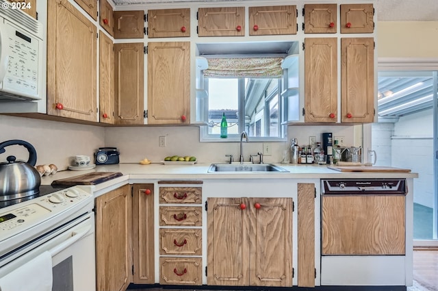 kitchen with white appliances, sink, and hardwood / wood-style flooring