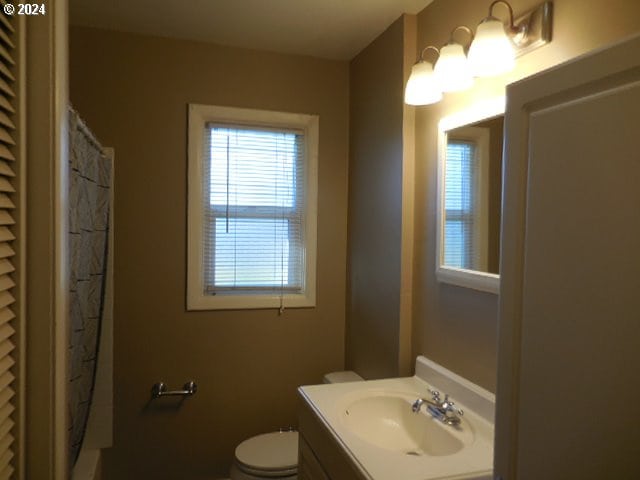 bathroom featuring walk in shower, vanity, and toilet