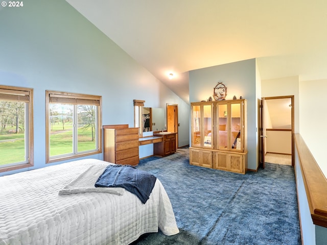 bedroom with high vaulted ceiling, dark carpet, and sink