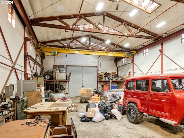 garage with a workshop area