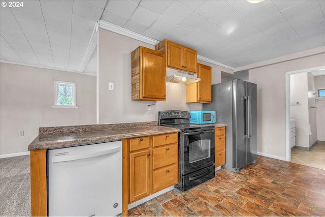 kitchen featuring black range with electric cooktop, backsplash, stainless steel fridge, white dishwasher, and crown molding