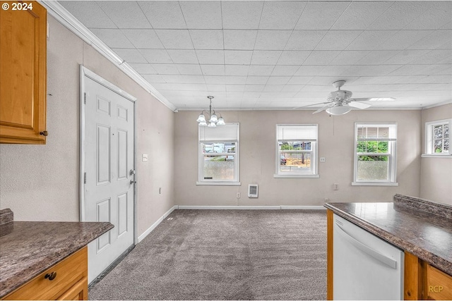 interior space with ceiling fan with notable chandelier and crown molding