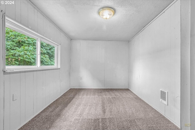 carpeted spare room with a textured ceiling and wooden walls